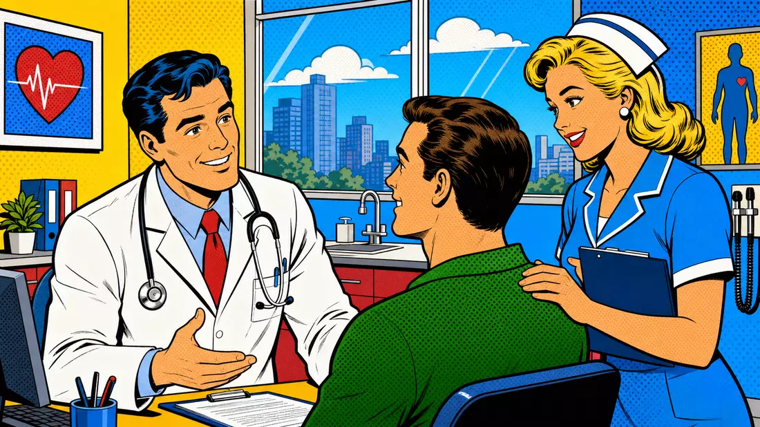Farbiges Comicbild eines Arztes und einer Krankenschwester mit Patient in heller Klinik