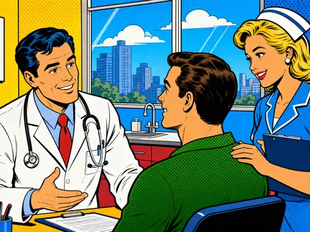 Pop-Art-Comic illustriert Molina Healthcare US60855R1005 mit freundlichem Arzt und Pflegekraft in einer hellen Klinikszene - Foto: THN