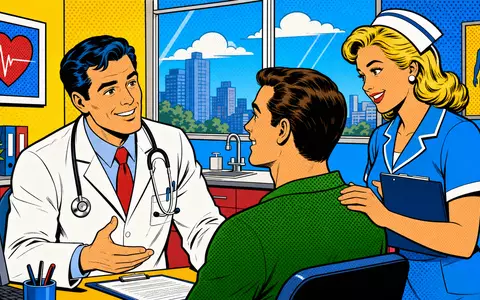 Pop-Art-Comic illustriert Molina Healthcare US60855R1005 mit freundlichem Arzt und Pflegekraft in einer hellen Klinikszene - Foto: THN