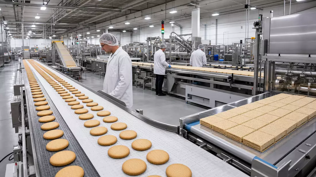 Moderne Fabrikhalle mit Kekslinie und Verpackungsmaschinen fuer Snackprodukte