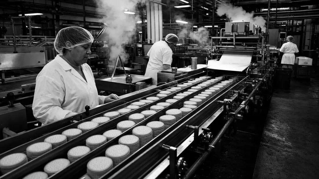 Schwarz-Weiß-Reportage einer industriellen Kekse-Verpackungslinie in Fabrik