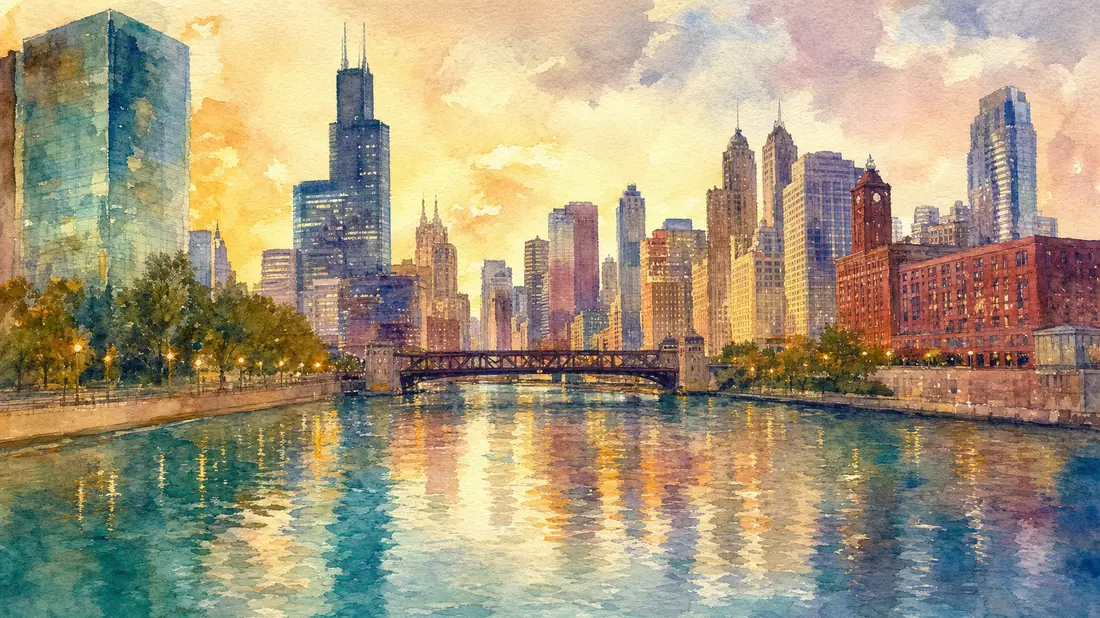 Aquarellgemälde der Chicago-Skyline entlang des Flusses bei Sonnenuntergang