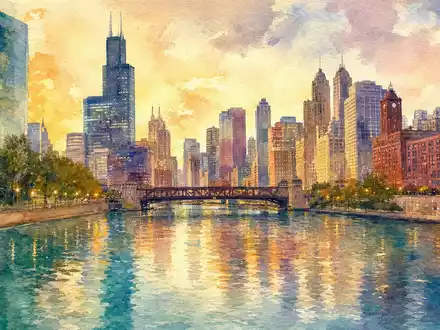 Mondelez International Heimatstadt Chicago Skyline am Fluss als farbige Aquarellmalerei, ISIN US6092071058 verweist auf Konzernsitz - Foto: THN