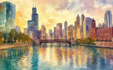 Mondelez International Heimatstadt Chicago Skyline am Fluss als farbige Aquarellmalerei, ISIN US6092071058 verweist auf Konzernsitz - Foto: THN