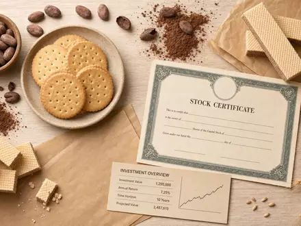 Mondelez International Flatlay mit Keksen Kakaobohnen Kaffeebechern und Boersen Zertifikat, ISIN US6092071058 illustriert Snackbranche - Foto: THN