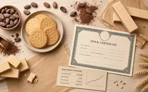 Mondelez International Flatlay mit Keksen Kakaobohnen Kaffeebechern und Boersen Zertifikat, ISIN US6092071058 illustriert Snackbranche - Foto: THN