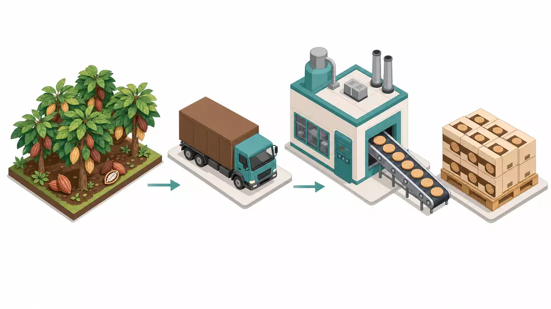 Isometrische Darstellung der Snack-Lieferkette von Anbau bis Verpackung