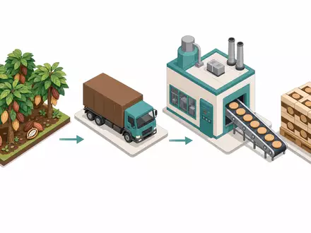 Mondelez International Wertschoepfungskette als isometrische 3D Darstellung von Kakaofarm bis Verpackung, ISIN US6092071058 dokumentiert Prozess - Foto: THN