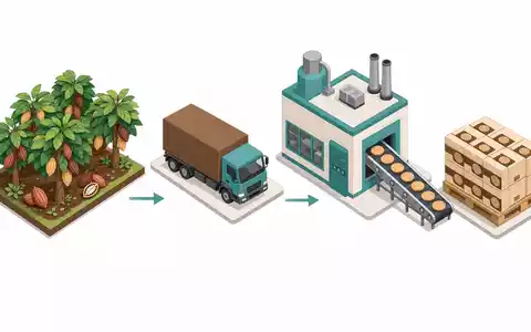 Mondelez International Wertschoepfungskette als isometrische 3D Darstellung von Kakaofarm bis Verpackung, ISIN US6092071058 dokumentiert Prozess - Foto: THN