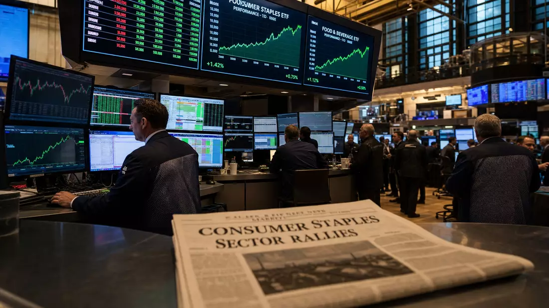 Nasdaq-Börsenparkett mit Händlern und Konsumgüter-Sektor-Kursdiagrammen auf Bildschirmen