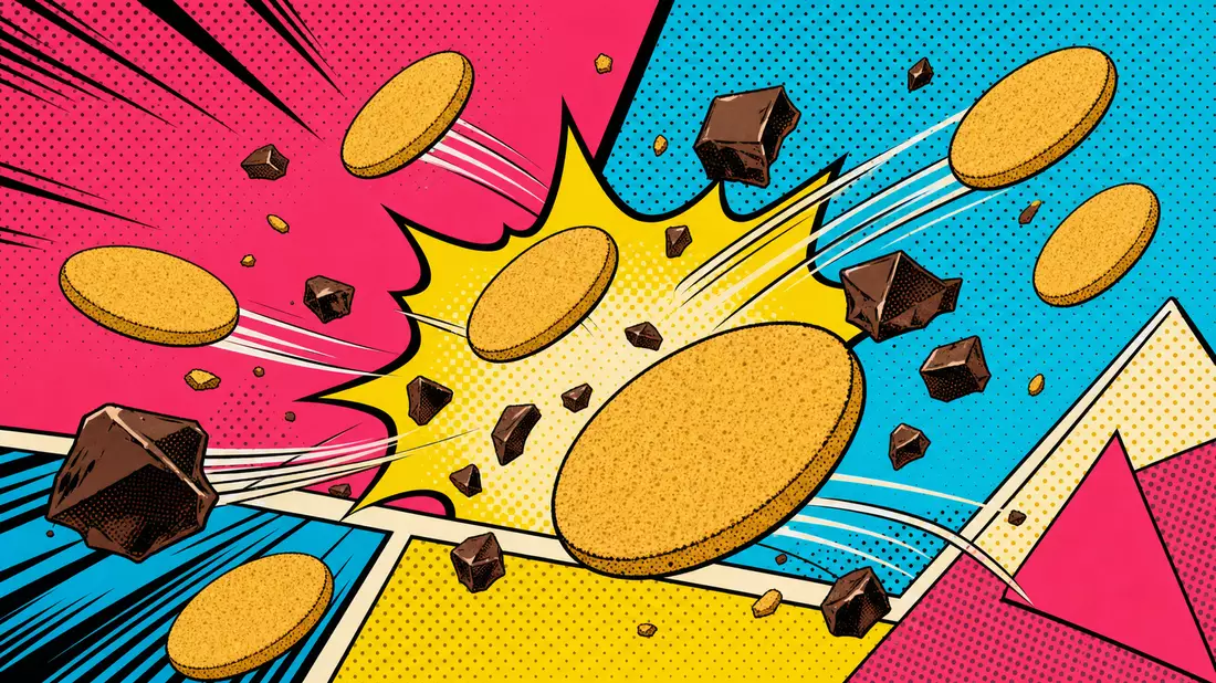 Retro-Pop-Art-Comicbild mit fliegenden Keksen und Schokoladenstücken