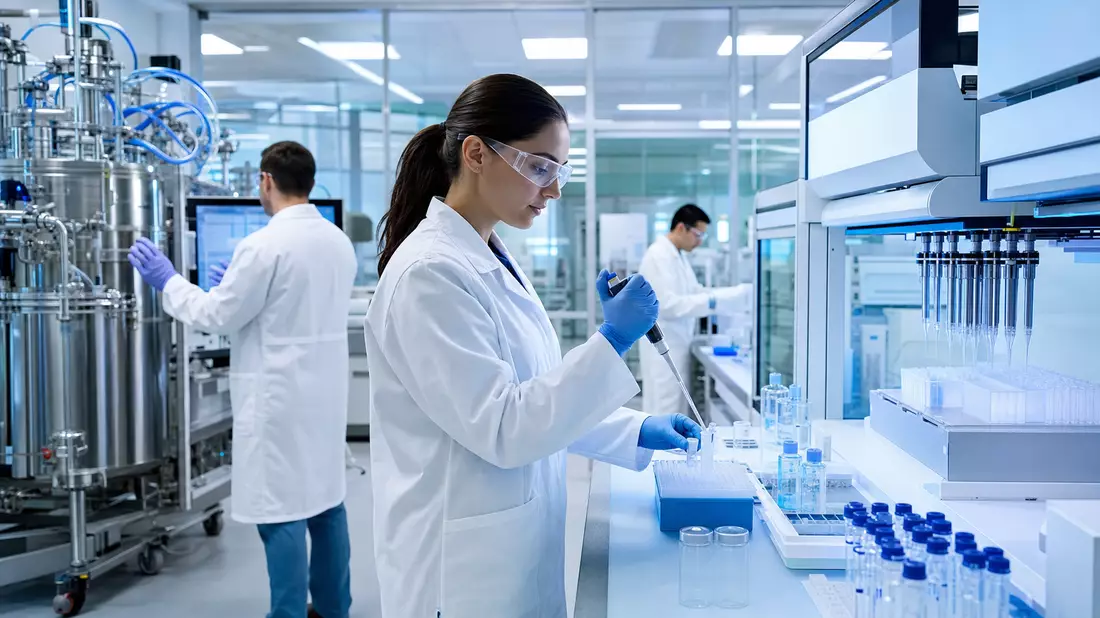 Wissenschaftler in weißen Kitteln arbeiten in hellem Biotech-Labor mit Laborgeräten