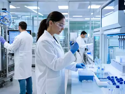Moderna Inc. (US60770K1034) zeigt Wissenschaftler in einem modernen Biotech-Labor bei intensiver mRNA-Forschung an High-Tech-Laborgeräten - Foto: THN