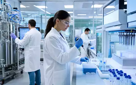 Moderna Inc. (US60770K1034) zeigt Wissenschaftler in einem modernen Biotech-Labor bei intensiver mRNA-Forschung an High-Tech-Laborgeräten - Foto: THN