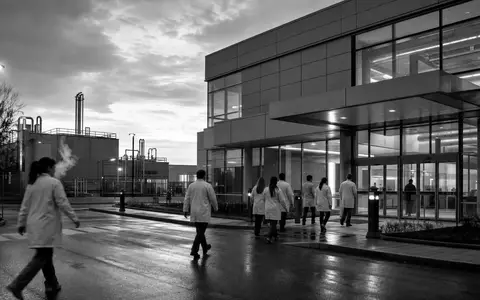 Moderna Inc. (US60770K1034) dokumentiert in Schwarzweiß-Reportage Forscher beim morgendlichen Betreten eines großen Biotech-Forschungscampus - Foto: THN