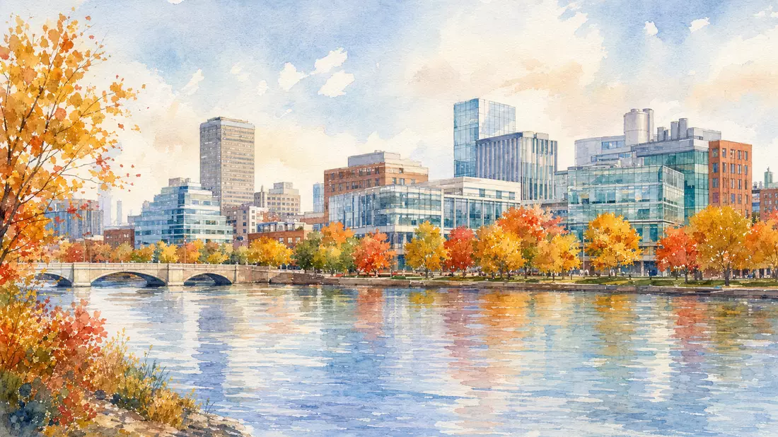 Aquarellmalerei der Cambridge-Skyline mit modernen Forschungsgebäuden am Charles River