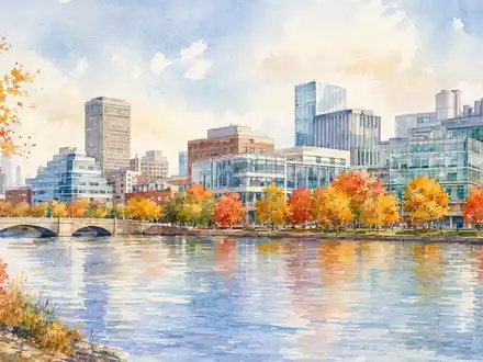 Moderna Inc. (US60770K1034) präsentiert eine stimmungsvolle Aquarell-Ansicht der Cambridge-Skyline mit modernen Biotech-Forschungsgebäuden am Flussufer - Foto: THN