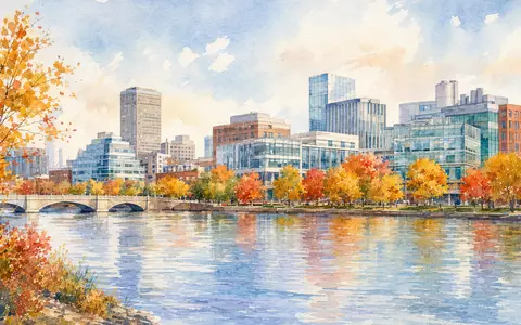 Moderna Inc. (US60770K1034) präsentiert eine stimmungsvolle Aquarell-Ansicht der Cambridge-Skyline mit modernen Biotech-Forschungsgebäuden am Flussufer - Foto: THN