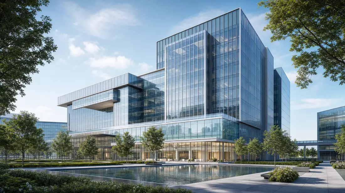 Architektonisches Render eines modernen Glas- und Stahl-Firmensitzes mit Wasserbecken
