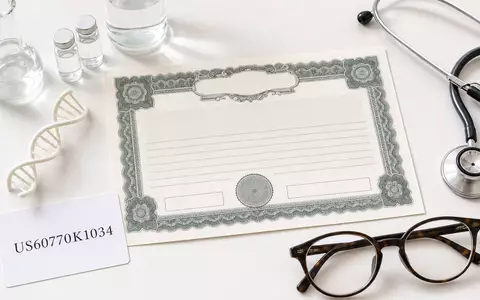 Moderna Inc. (US60770K1034) arrangiert eine Flatlay-Komposition mit Aktienzertifikat, ISIN-Karte und typischen Laborutensilien der Biotech-Branche - Foto: THN