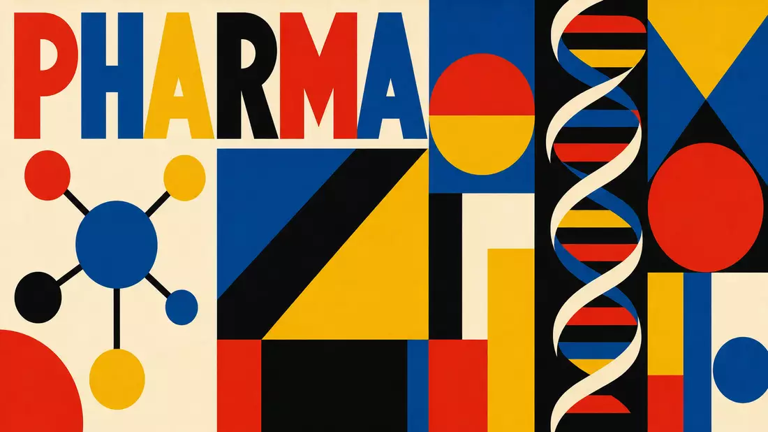 Geometrisches Bauhaus-Poster mit Kreisen, Dreiecken, DNA-Strang und Schriftzug PHARMA