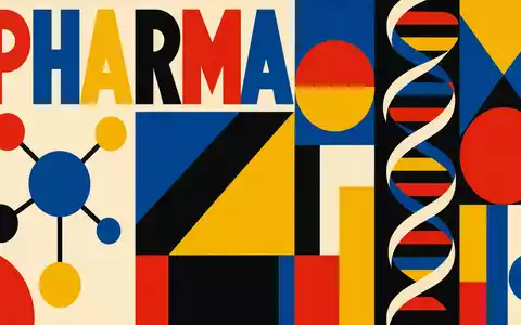 Moderna Inc. (US60770K1034) inszeniert ein geometrisches Bauhaus-Poster mit stilisierten Molekülformen, DNA-Strang und dem Sektor-Text PHARMA - Foto: THN