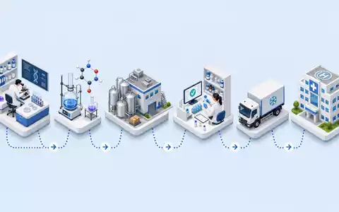 Moderna Inc. (US60770K1034) illustriert die isometrische Wertschöpfungskette der Biotech-Branche von Forschung bis zur finalen Auslieferung - Foto: THN