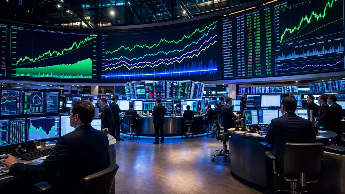 Trading-Floor mit großen Bildschirmen zeigt abstrakte Aktiencharts und NASDAQ-Index