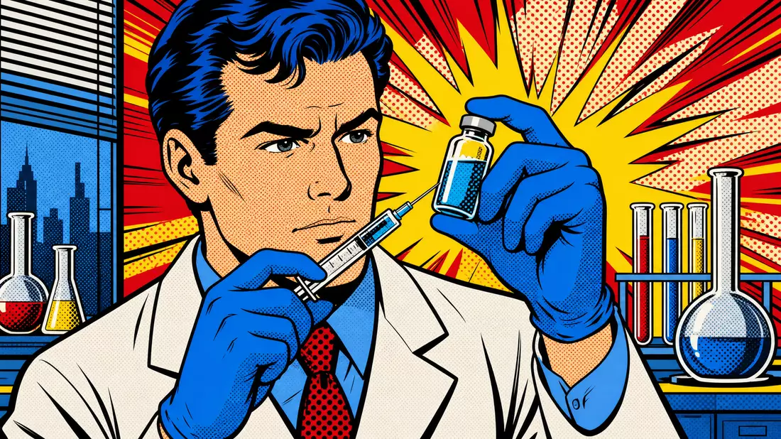 Pop-Art-Comic zeigt Wissenschaftler im Laborkittel mit Spritze und Fläschchen