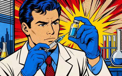 Moderna Inc. (US60770K1034) illustriert eine farbenfrohe Pop-Art-Comic-Szene mit Wissenschaftler, Spritze und Impffläschchen im Labor - Foto: THN