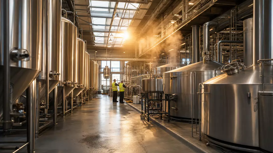 Moderne Brauerei mit glänzenden Edelstahltanks und Arbeitern im Gegenlicht