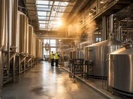 Fotorealistische Brauereianlage mit Edelstahltanks zeigt Molson Coors Beverage, ISIN US60871R2094, industrielle Braukunst im Morgenlicht - Foto: THN