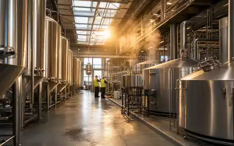 Fotorealistische Brauereianlage mit Edelstahltanks zeigt Molson Coors Beverage, ISIN US60871R2094, industrielle Braukunst im Morgenlicht - Foto: THN