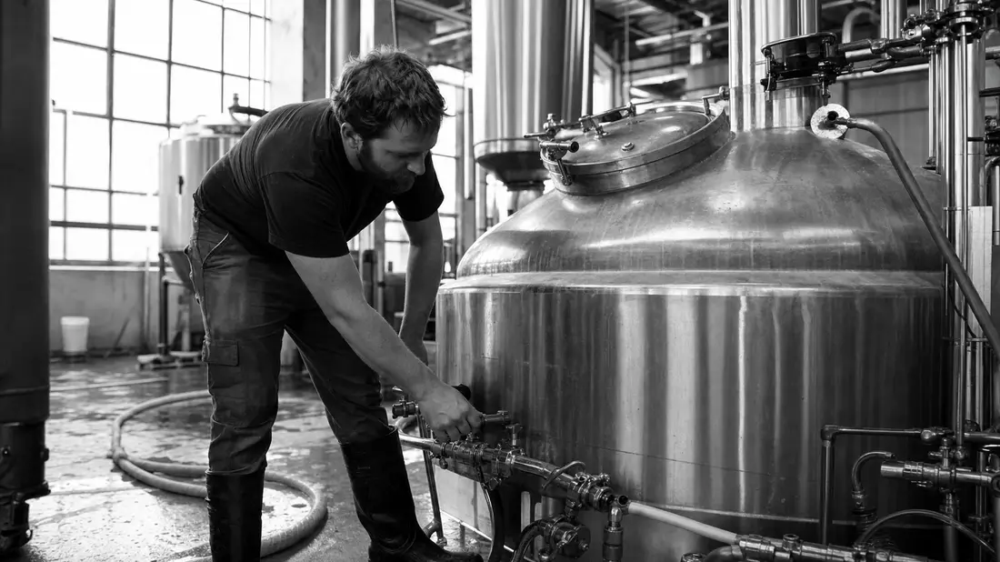 Dokumentarisches Schwarzweißfoto eines Arbeiters an einem Brau­kessel