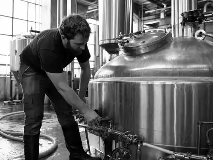 Schwarzweiße Reportagefotografie eines Braumeisters an Kesseln illustriert Molson Coors Beverage, ISIN US60871R2094, dokumentarisch und authentisch - Foto: THN