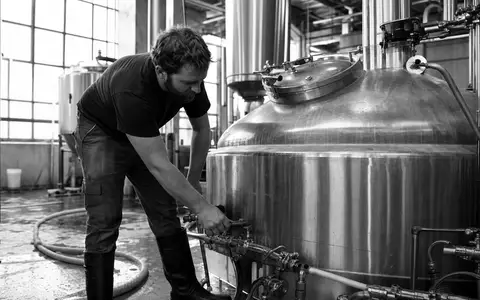 Schwarzweiße Reportagefotografie eines Braumeisters an Kesseln illustriert Molson Coors Beverage, ISIN US60871R2094, dokumentarisch und authentisch - Foto: THN