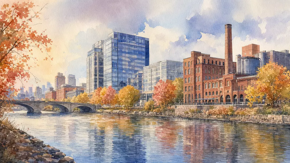Aquarellbild einer Stadtlandschaft mit Brauereigebäude am Flussufer im Herbst