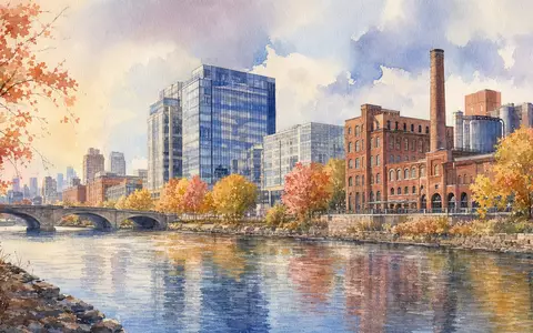Aquarell einer Flussstadt mit Bürogebäude und Ziegelbrauerei symbolisiert Molson Coors Beverage, ISIN US60871R2094, herbstlich - Foto: THN