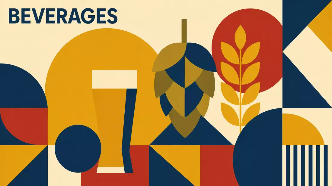 Bauhaus-Poster mit geometrischen Formen, Bierglas, Hopfen und Getreide