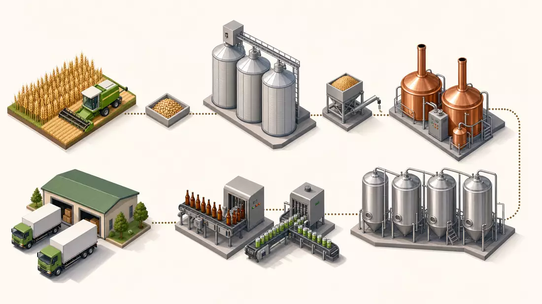 Isometrisches Diagramm der Bierproduktion von Anbau bis Vertrieb