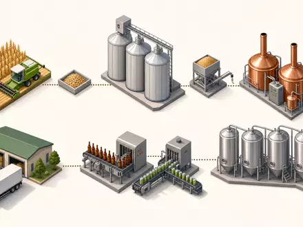 Isometrische Grafik der Wertschöpfungskette visualisiert Prozesse von Molson Coors Beverage, ISIN US60871R2094, Anbau bis Vertrieb - Foto: THN