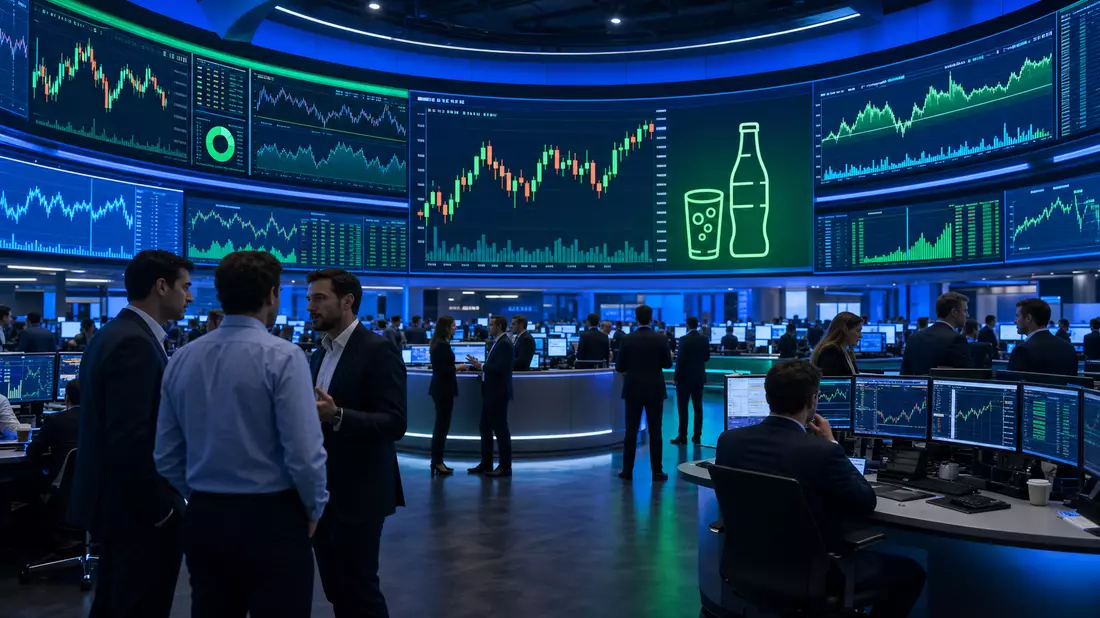 Trading-Floor mit großen Bildschirmen, Charts und Getränke-Icons in Blau