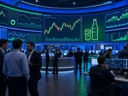 Börsen-Editorial mit Trading-Floor und Getränke-Symbolen auf Bildschirmen zeigt Molson Coors Beverage, ISIN US60871R2094, im NYSE-Umfeld - Foto: THN
