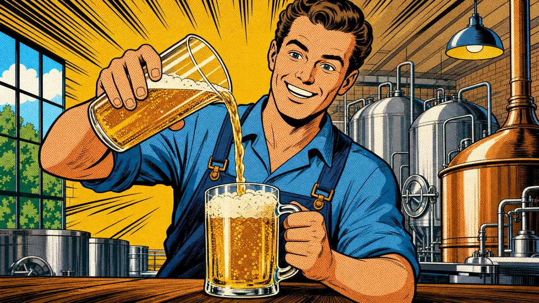 Pop-Art-Comic zeigt lächelnden Mann, der Bier in einen Krug einschenkt