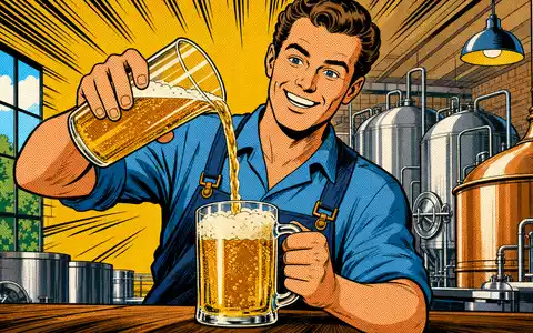 Farbenfrohe Pop-Art-Szene mit lachendem Braumeister beim Einschenken repräsentiert Molson Coors Beverage, ISIN US60871R2094, retro - Foto: THN