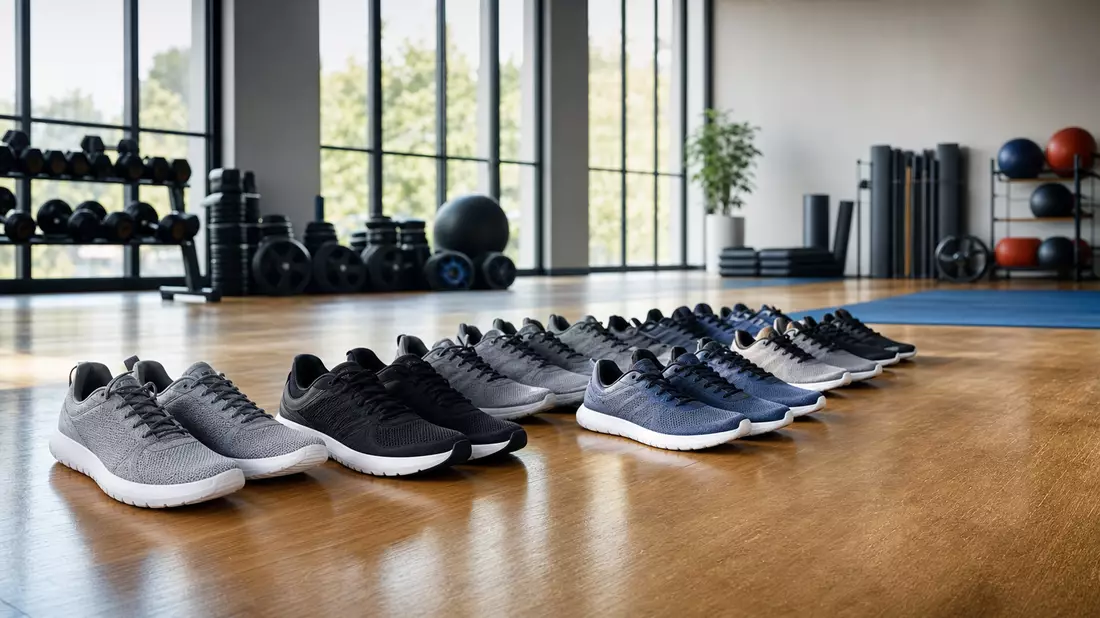 Fotorealistische Trainingshalle mit unmarkierten Sneakern und Sportgeraeten