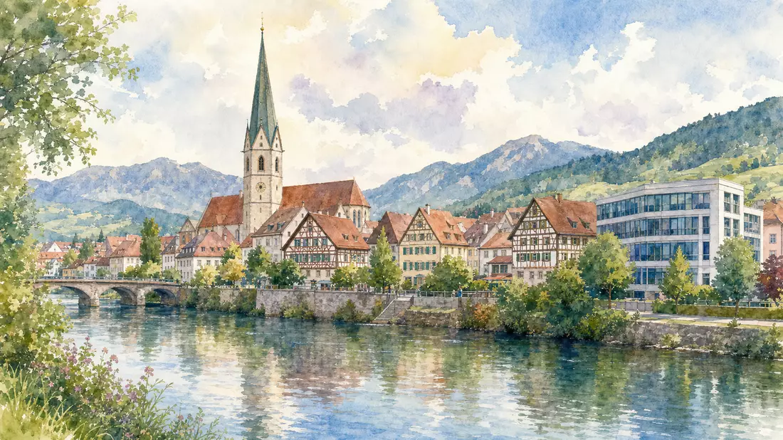 Aquarellmalerei einer kleinen bayerischen Stadt am Fluss mit Buerogebaeude