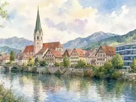 PUMA SE (ISIN DE0006969603) inspiriert Aquarellbild der Herzogenaurach-Skyline mit Fluss, Altstadt und modernem Buerogebaeude - Foto: THN