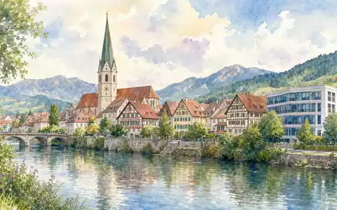 PUMA SE (ISIN DE0006969603) inspiriert Aquarellbild der Herzogenaurach-Skyline mit Fluss, Altstadt und modernem Buerogebaeude - Foto: THN