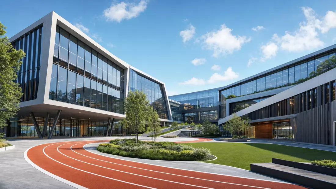 Architektur-Render eines modernen Sport-Firmensitzes mit Laufbahn im Innenhof